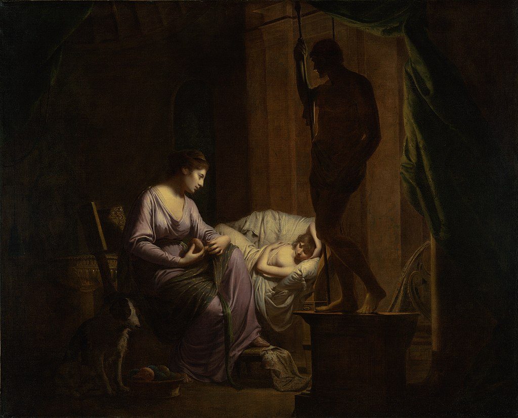 1024px joseph wright of derby. penelope unravelling her web by lamp light. exhibited 1785