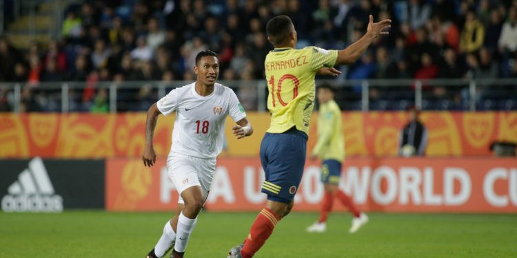 2019.05.29 Lublin Pilka nozna 
Mistrzostwa Swiata do lat 20 Kolumbia - Tahiti
N/z Tevaitini Teumere Juan Hernandez
Foto Wojciech Szubartowski / PressFocus 
2019.05.29 Football FIFA U-20 World Cup Poland 2019 Colombia - Tahiti
Tevaitini Teumere Juan Hernandez
Credit: Wojciech Szubartowski / PressFocus