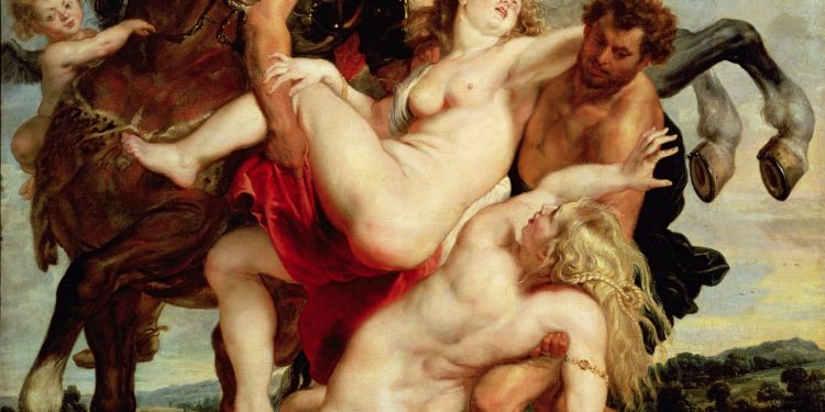 XIR33380 Rape of the Daughters of Leucippus (oil on canvas) by Rubens, Peter Paul (1577-1640); 222x210 cm; Alte Pinakothek, Munich, Germany; (add.info.: l'enlevement des filles de Leucippe; abducted from their wedding ceremony;); Giraudon; Flemish,  out of copyright
