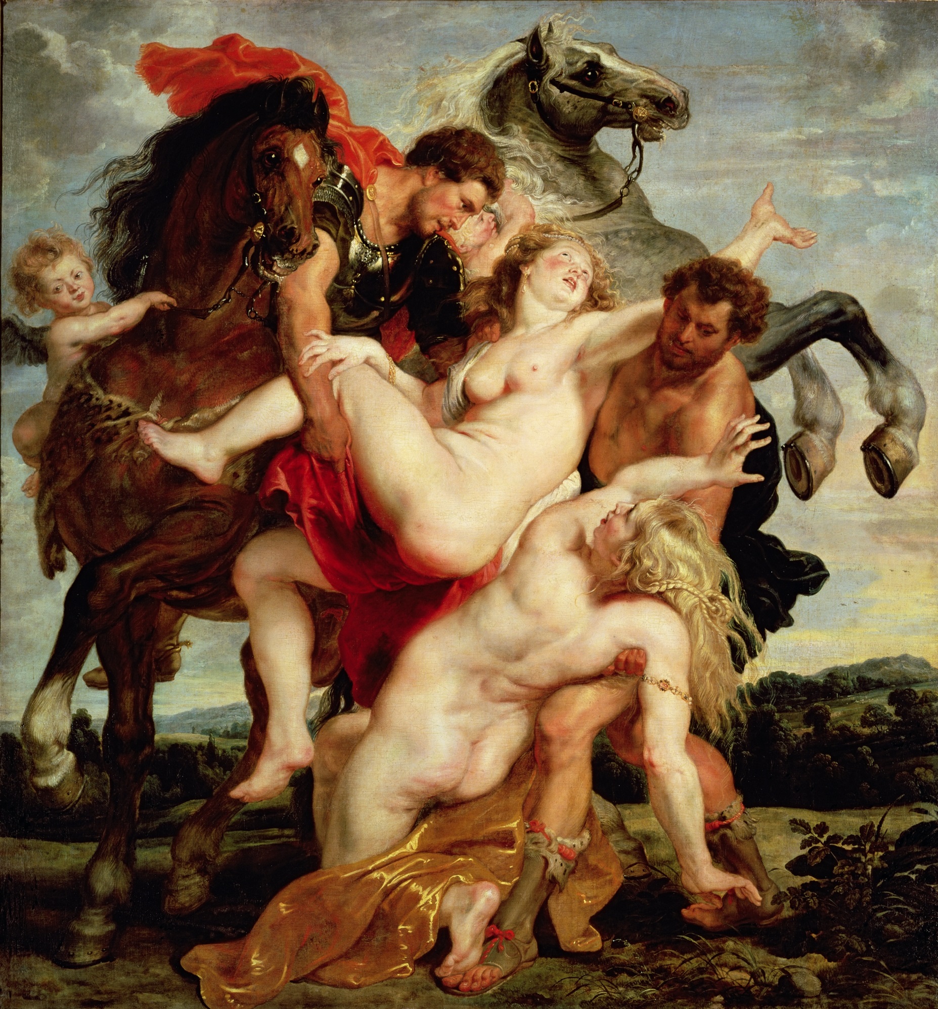 XIR33380 Rape of the Daughters of Leucippus (oil on canvas) by Rubens, Peter Paul (1577-1640); 222x210 cm; Alte Pinakothek, Munich, Germany; (add.info.: l'enlevement des filles de Leucippe; abducted from their wedding ceremony;); Giraudon; Flemish,  out of copyright