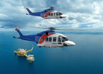 AW189 and AW139 w Bristow livery. In flight with offshore rig scene.