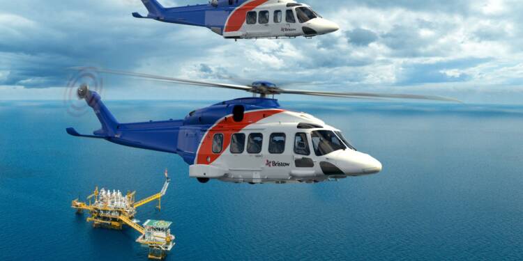 AW189 and AW139 w Bristow livery. In flight with offshore rig scene.
